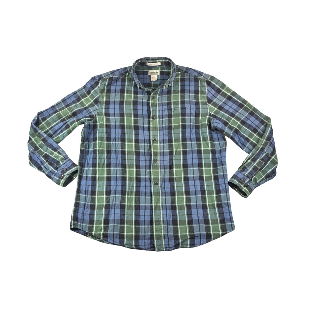LL Bean Mens Slightly Fitted Flannel Shirt Blue Green Plaid Large 298167